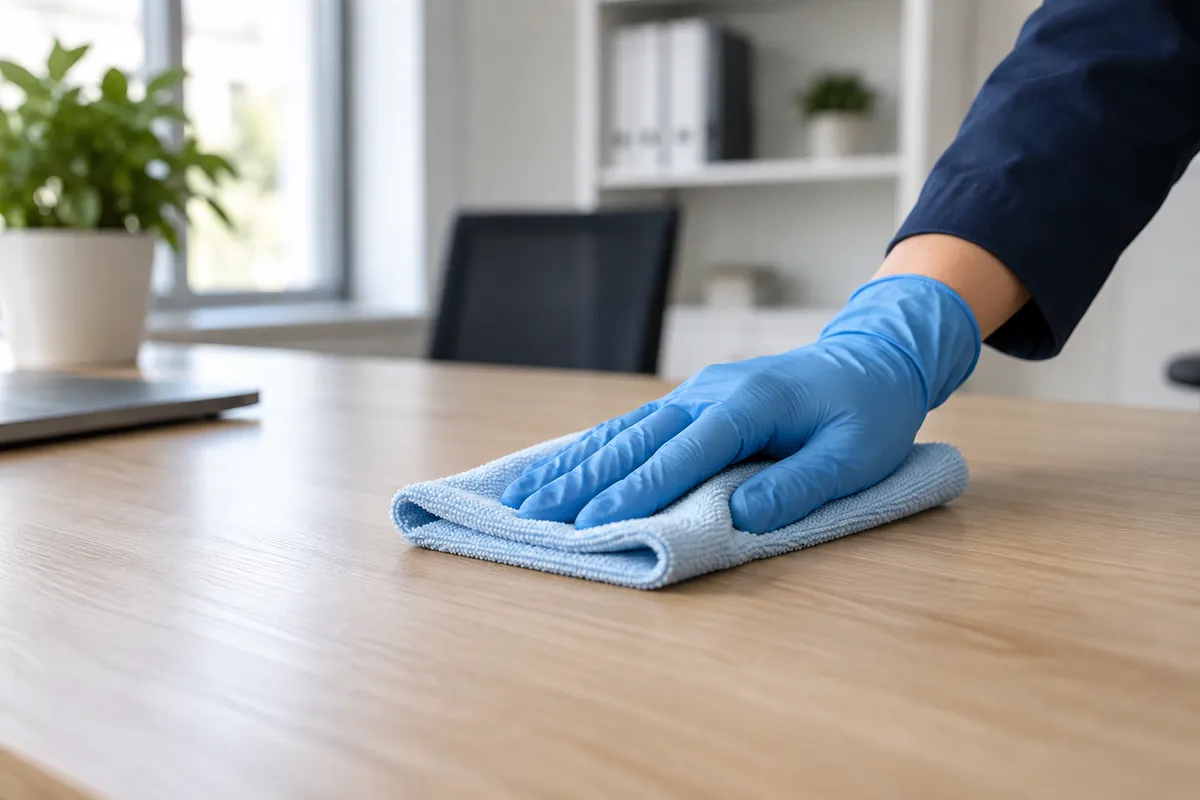 Eine behandschuhte Hand wischt einen Bürotisch mit einem Mikrofasertuch