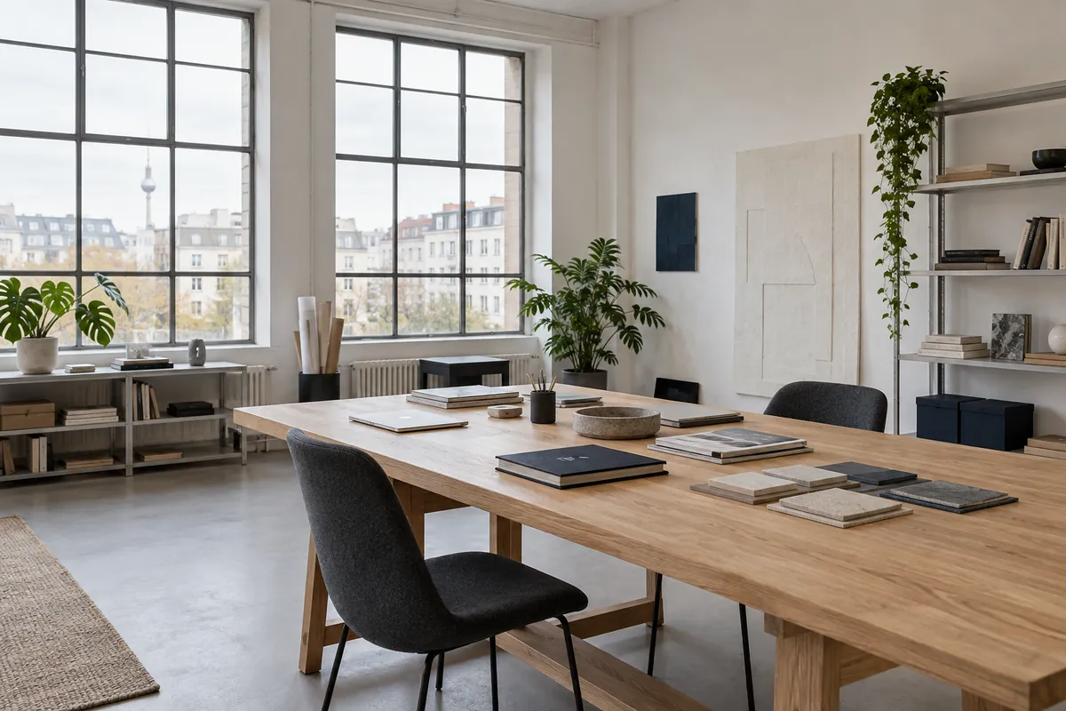 Helles Kreativstudio mit einem gemeinsamen Arbeitstisch